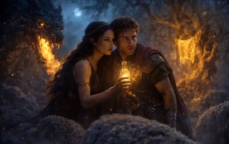 mitolojide Medea’nın Jason’a Altın Post’u almak için büyüyle yardım ettiği sahne